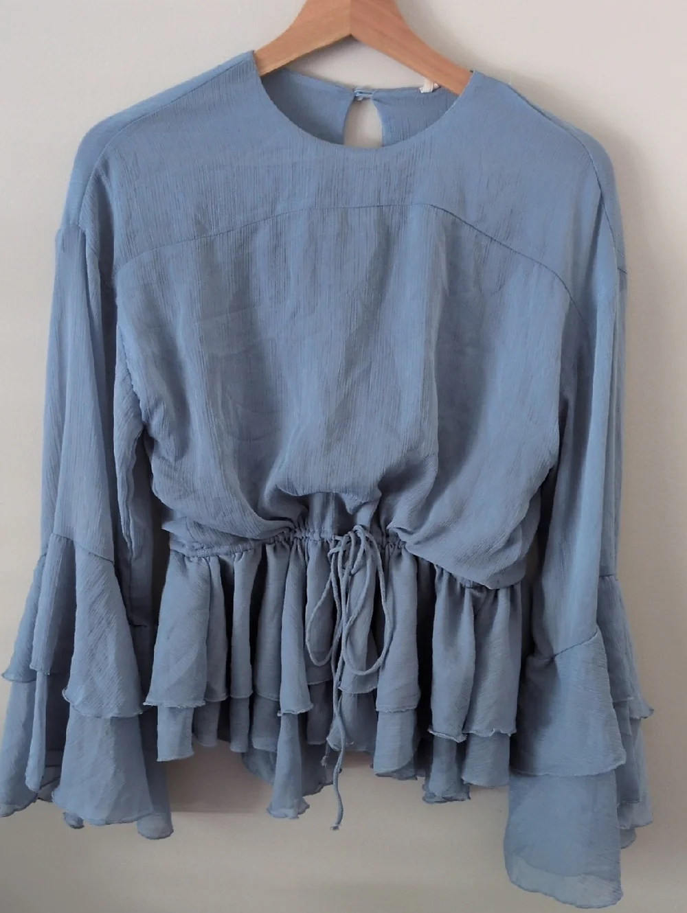 ANTHROPOLOGIE - Light Blue Ruffle Drawstring Blouse - Picture 1 of 8